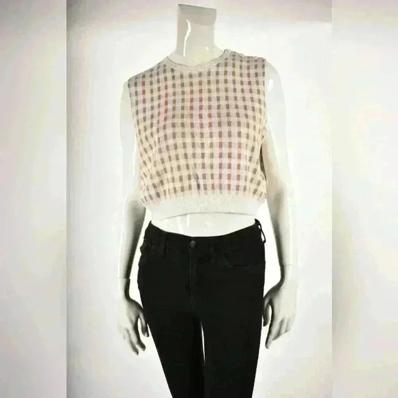 CARVEN PARIS White Beige Knit Gingham Cropped Cotton Vest Large 4/6 Portgual - Picture 1 of 8